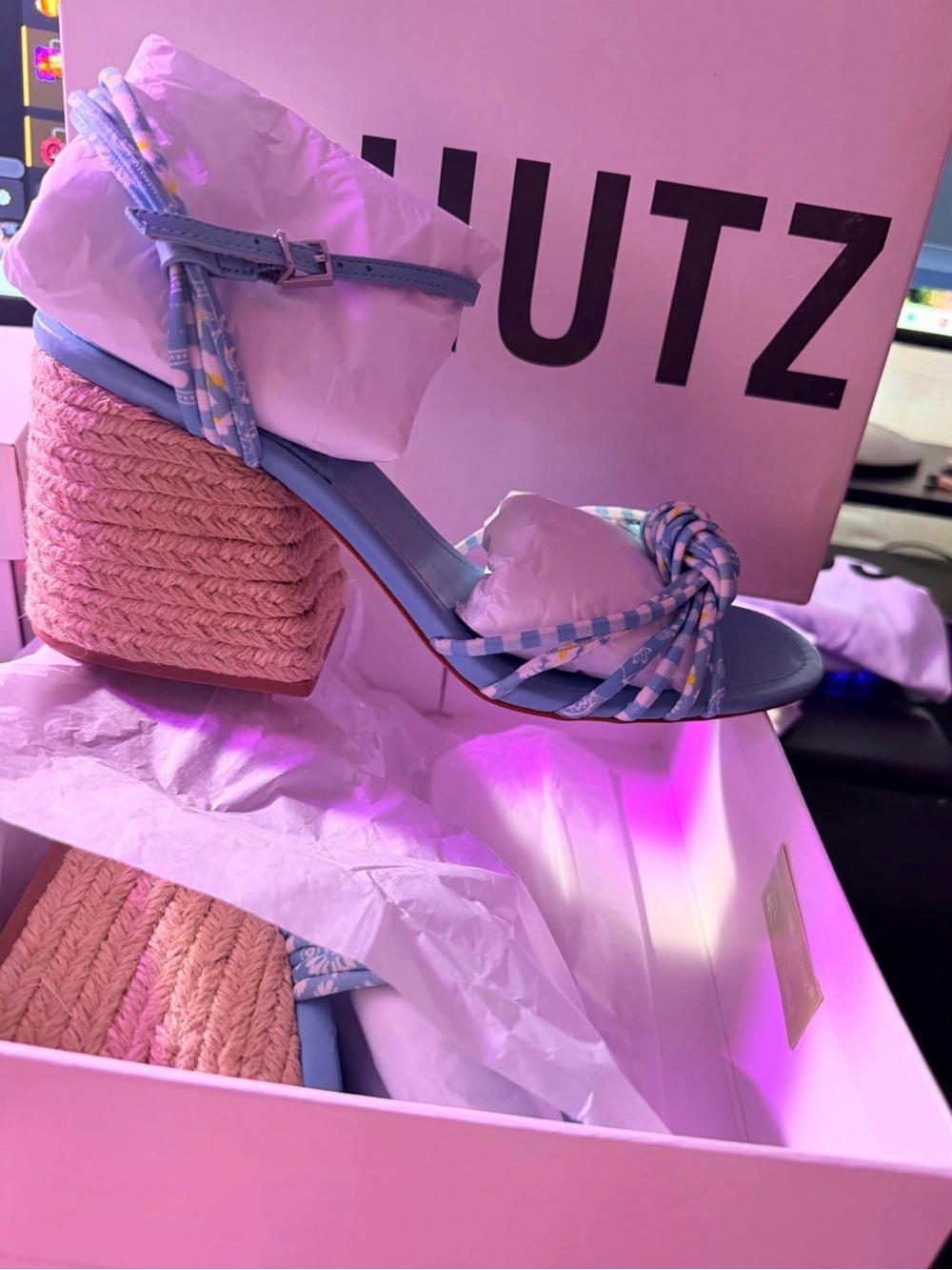 SCHUTZ Light Blue Braided Espadrille Block Heel Sandals